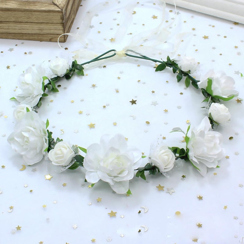 DDazzling Girls Flower Headband Boho Garland Halo Headpiece Hair Wreath Flower Headwear Photo Props (White) - Image 3